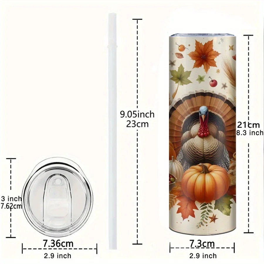1pc Stainless Steel Tumbler with Straw and Lid, 20oz 3D Printed Turkey Pumpkin Maple Leaf Design, Large Capacity Insulated Travel Mug for Thanksgiving Party Decor, Autumn Gift for Friends