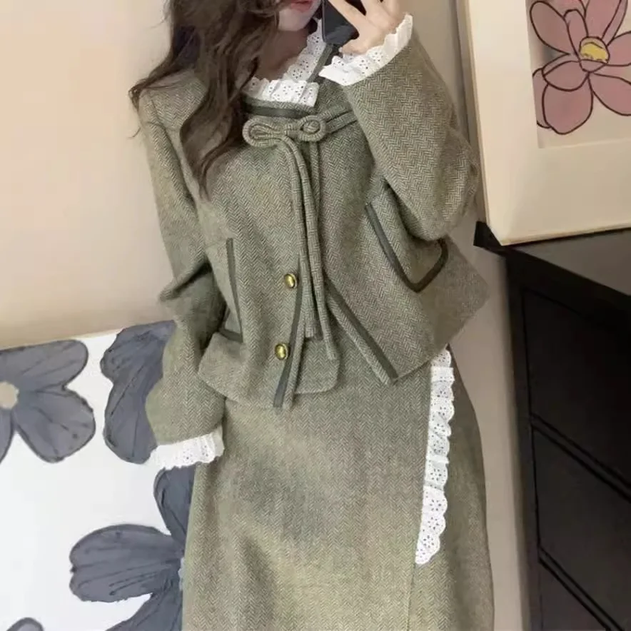 

Autumn and Winter Set New Small Fragrant Style Premium Design Temperament Short Coat+Half Skirt Two Piece Set