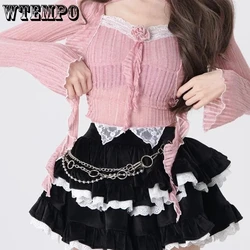 Black Thicken Skirt Corduroy Fabric Double Layer Ruffles Edge Women Fluffy Cake Skirt Hotsweet Preppy Style American Streetwear