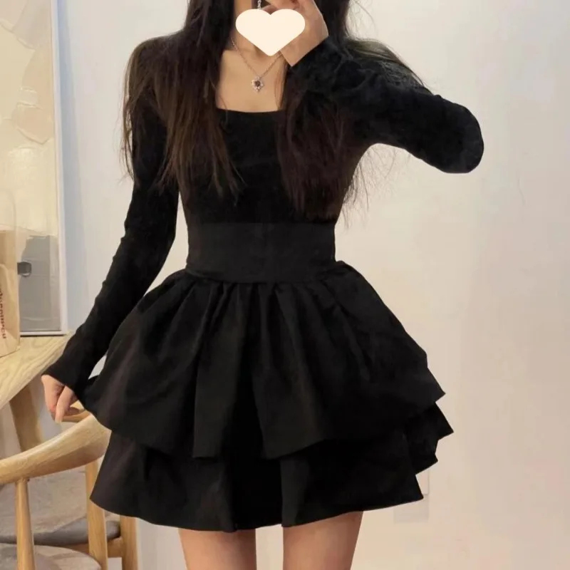 

2026 New Japanese Korean Retro Elegant Black Dress Streetwear Women Mid Waist Princess Puffy Dress French Sensation Midi Dresses