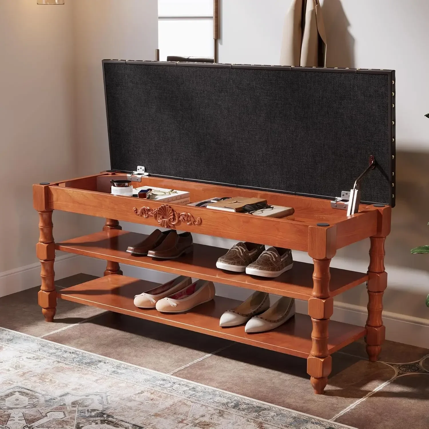 Tribesigns Solid Wood Shoe Bench with Cushion 2 Tier Lift Top, Storge Shoe Bench with Rack for Entryway, 8-10 Pair Shoe Organize