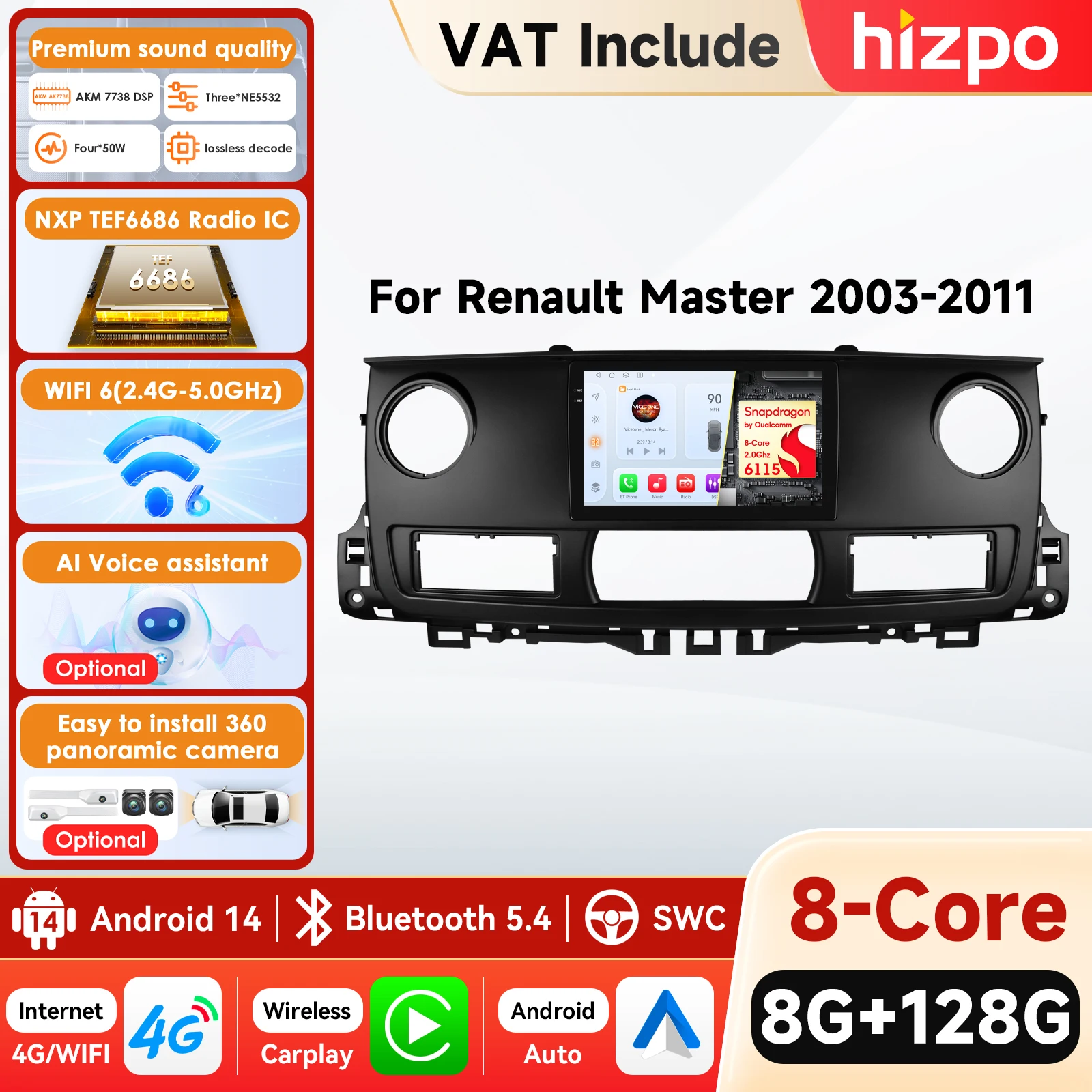 Hizpo AI Wireless Carplay Android Auto per Renault Master 2003-2011 Autoradio Navigazione Lettore video GPS DSP Stereo 360 Fotocamera