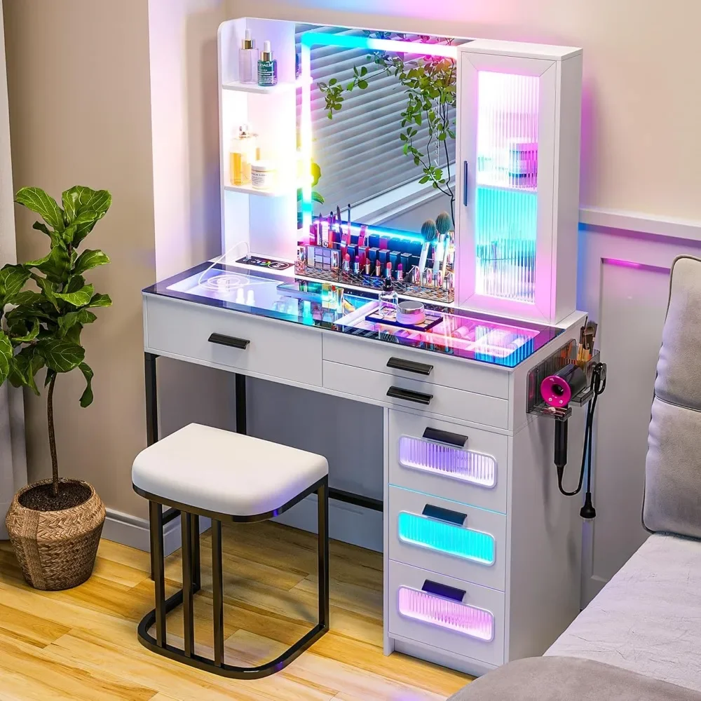 

Vanity with Mirror and LED Lights, Glass Top Vanity Desk with Charging Station(Wireless+USB+Type-C), RGB Makeup Table Set