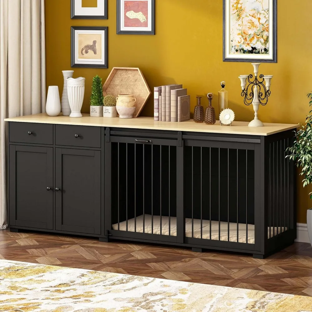 

Dream Large Dog Crate Funiture With Drawers, 78.7" Luxury Wooden Heavy Duty Dog Kennel Table Furniture With Sliding Door, Indoo
