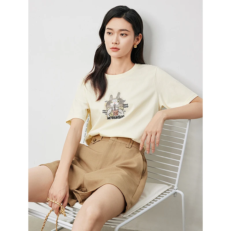 TOYOUTH Women Pure Cotton T-shirt 2024 Summer New Age Reducing Printed Top