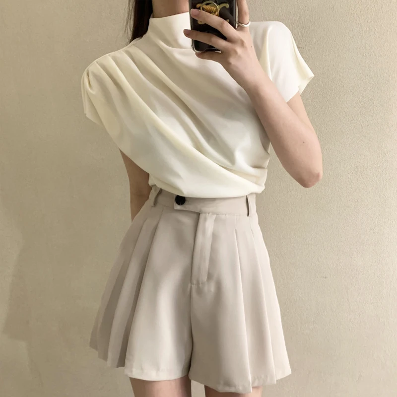 Ele Semi-High Collar ort Sve irt Women's Design Sense Pleated Slimming Top Summer Faion Casual Loose Fit