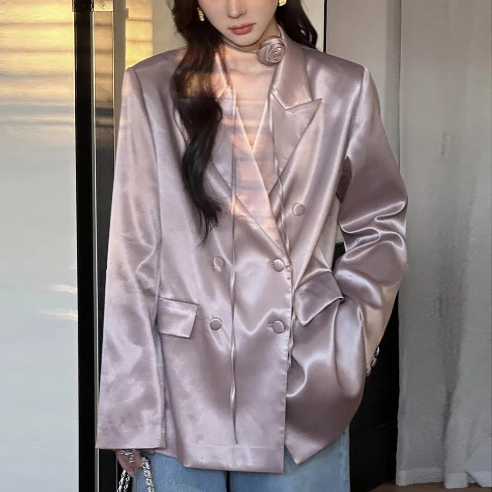 TWOTWINSTYLE 여성용 솔리드 스플라이스 단추 슬리밍 블레이저, 노치드 칼라, 긴팔, 세련된 블레이저, 여성 패션 스타일 의류