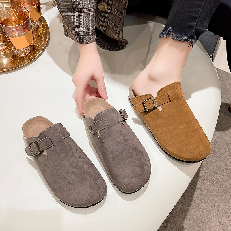 2024 New Autumn Winter Size 45 Mules Modern Sandals Buckle Shoes Strap Concise Retro Outside Flat with Women\'s Slippers Zapatos