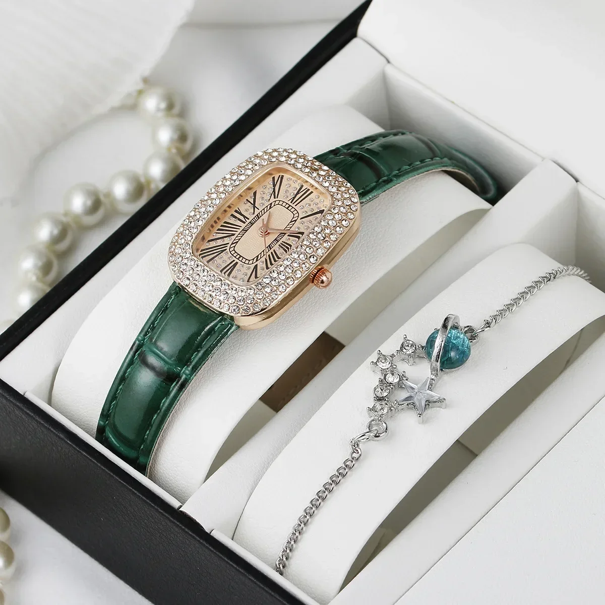 

Luxury Full Diamond Quartz Wristwatches Fashion Bracelet Watch Set Brand Designer Vintage Watches for Women Relogio Feminino