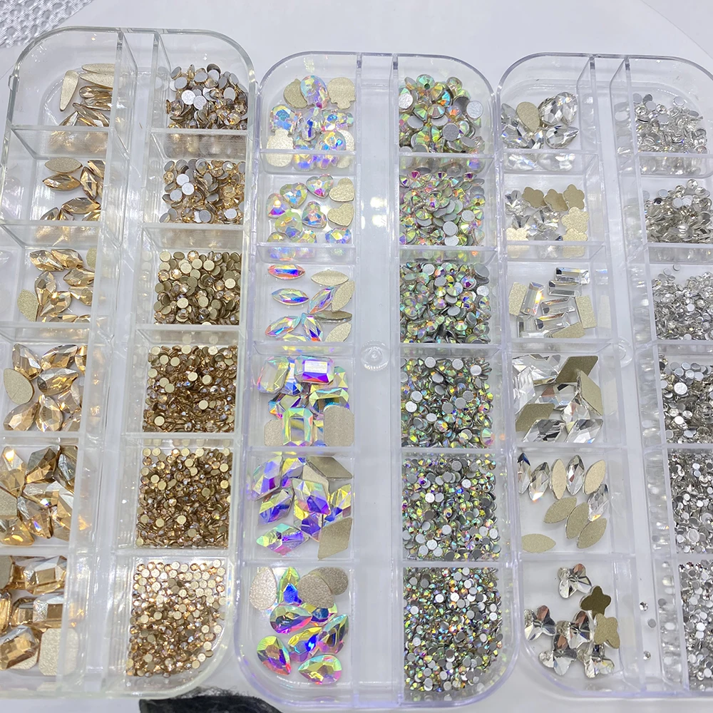 12Gird Box Multi Größe Farbe Flatback Glas Strass Nail art Zubehör Dekorative Kristall Diamant DIY Handwerk Steine – Detail 2