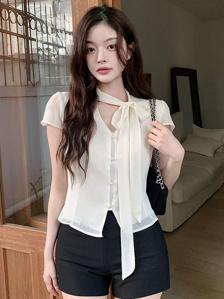 

Chic Sweet Netie Knot ort Sve irt Versatile Design Women's Premium Quali Slim Fit Commute Sle Pure Color