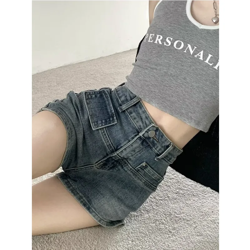 2026 New Summer Retro Denim Shorts, High Waist Slim A line Straight Wide Leg Hot Pants for Women