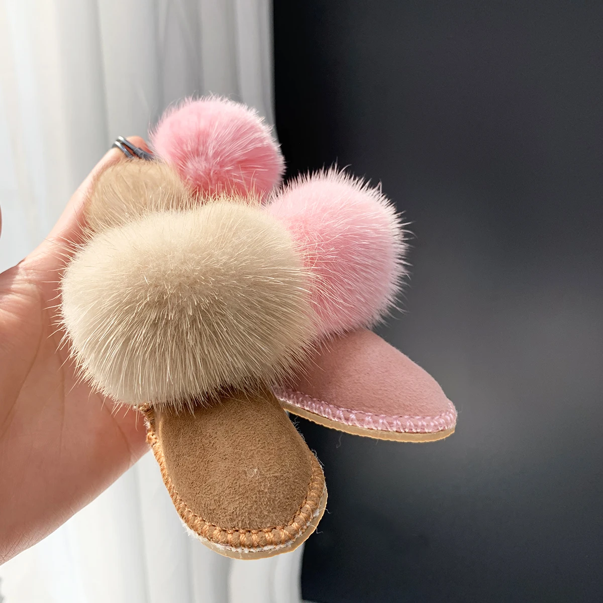 MPPM Luxury Fluffy Mink Fur Pompom Genuine Real Leather Boot Shoe Keychain for Women Car Key Chain Bagpack Accessories Pendant