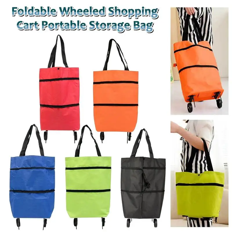 【HM】Portable Foldable Shopping Bag With Wheels Trolley Large Reusable Cloth Handbag Tote Bags Supermarket Home Grocery Pull Cart