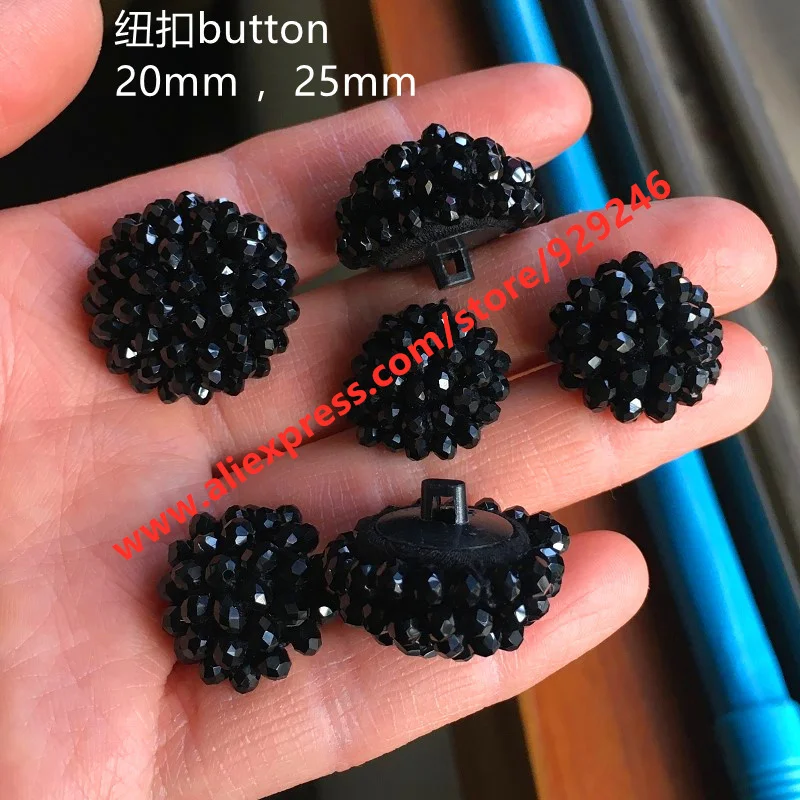 20mm Round Black Crystal Covered Button For Garments Accessory 25mm Decorative Beads Button for Sweaters Coat Shirts Decoration