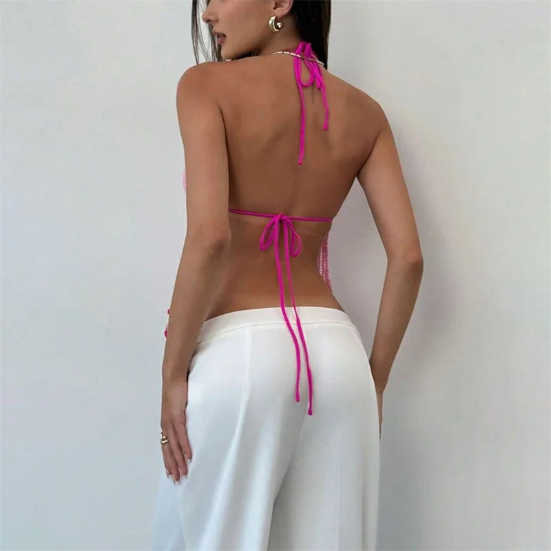 Women's Sexy Halter Lace-Up Knitting Bikini Cover up Beach  Crop Top Vest Brazilian Crochet Swimsuit Female Swimwear Camis