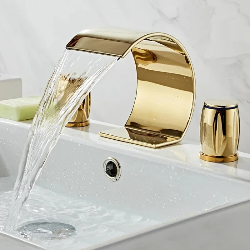 Gold Waterfall Bathroom Faucet, Crystal Handle, Widespread Hot and Cold Mixer, Luxury Brass Tap for Basin