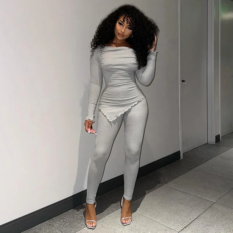 

Women Solid Slim Casual 2 Piece Set Spring 2024 Off Shoulder Ruffles T Shirt High Waist Pencil Pants Trends Streetwear Outfits