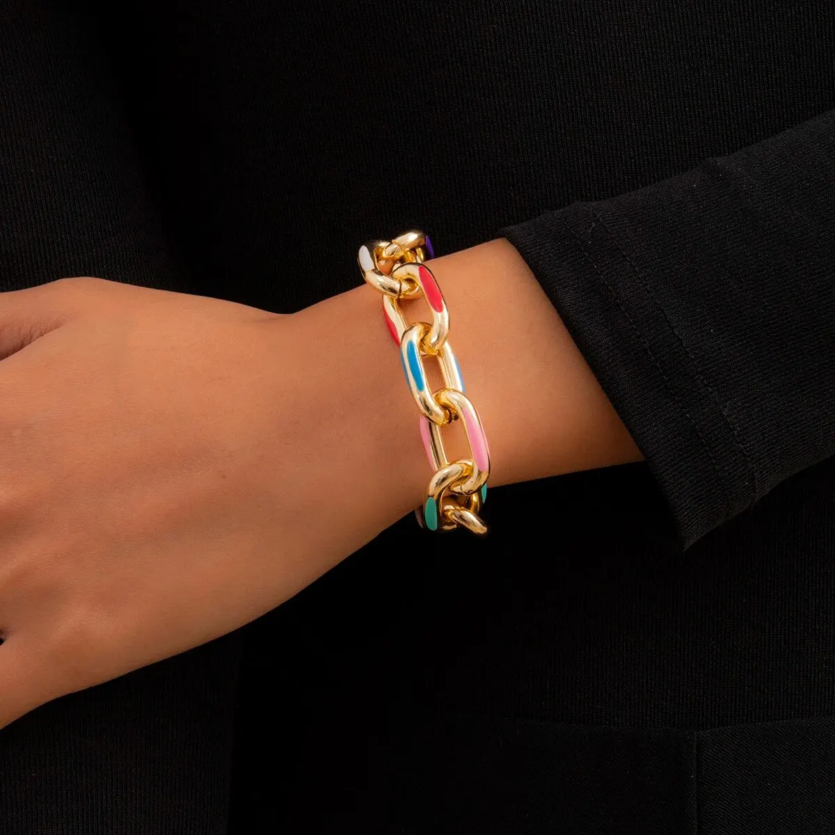 Hip Hop Punk Colorful Oil Drip Chain Bracelet for Women Goth Chunky Thick Lock Charm Bangles Grunge Jewelry Steampunk Men Gift