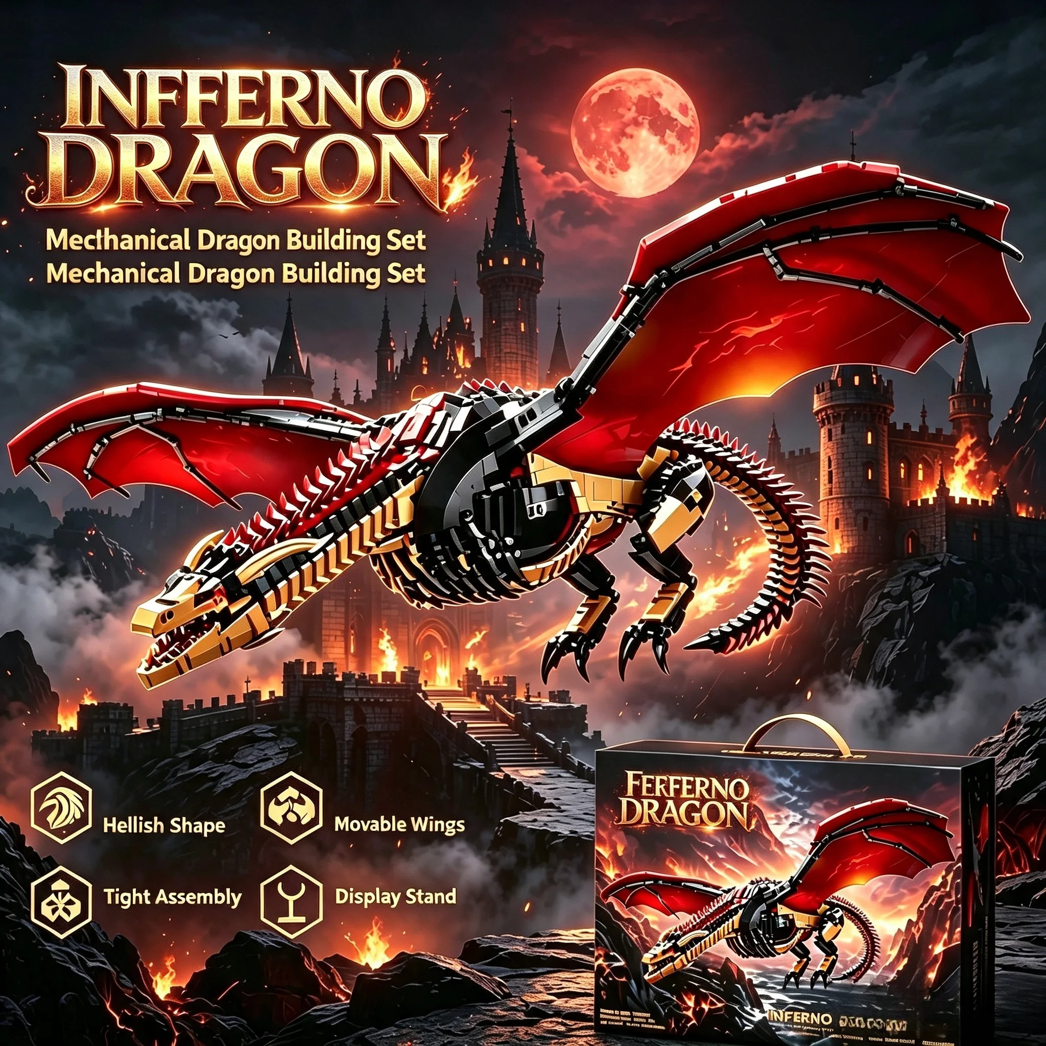 Image of Inferno-Drachen Mechanischer Bausatz, Großer Beweglicher Flügel-Skelett-Drachen-Modellbausatz, Sammlerstück Ausstellungs-Bauspielzeug G
