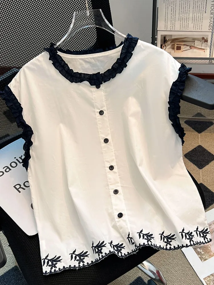 صيف فضفاض Svel مطرز كشكش هيم لصق اللون بلو الذاتي مفتاح Sle المرأة irt الكورية Sle جولة Ne #1