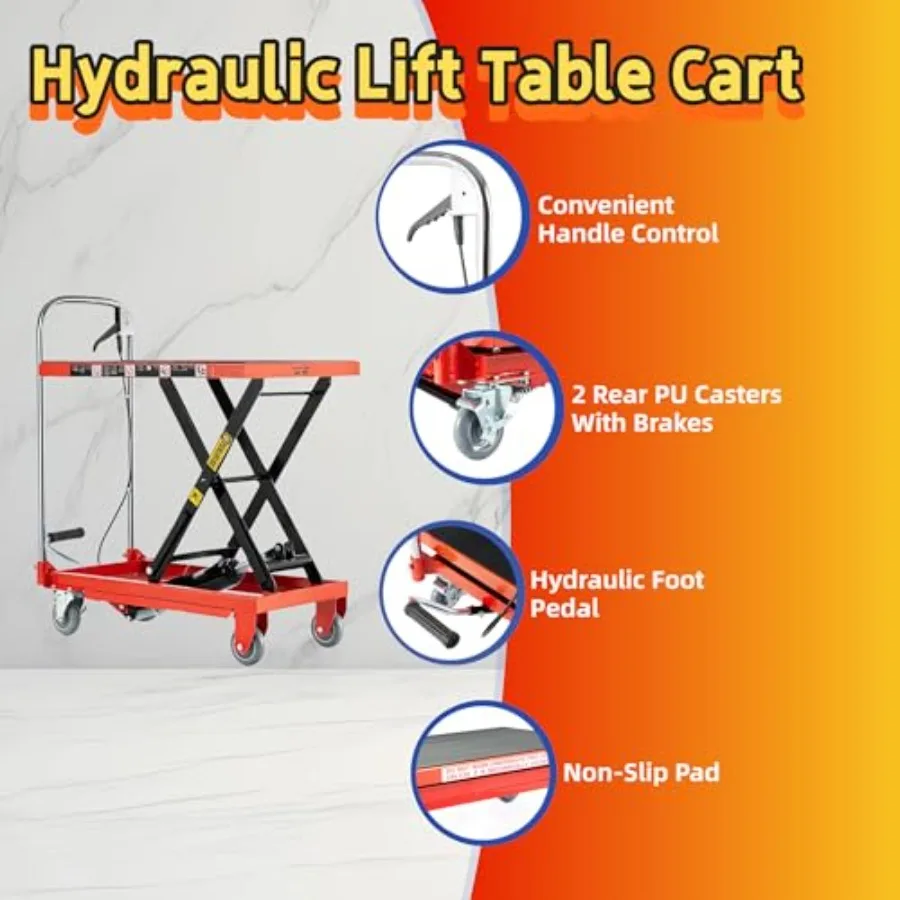 Hydraulic Lift Table Cart 500LB Capacity with Adjustable Lifting Height from 9 to 28.5 Inches Scissor Design Featuring Locking