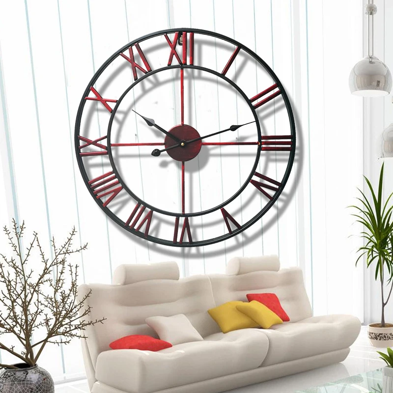 Metal Nordic Modern Vintage Home Decor Functional Home Accessory Large Round Wall Clock For Living Room Roman Numerals Retro 3d