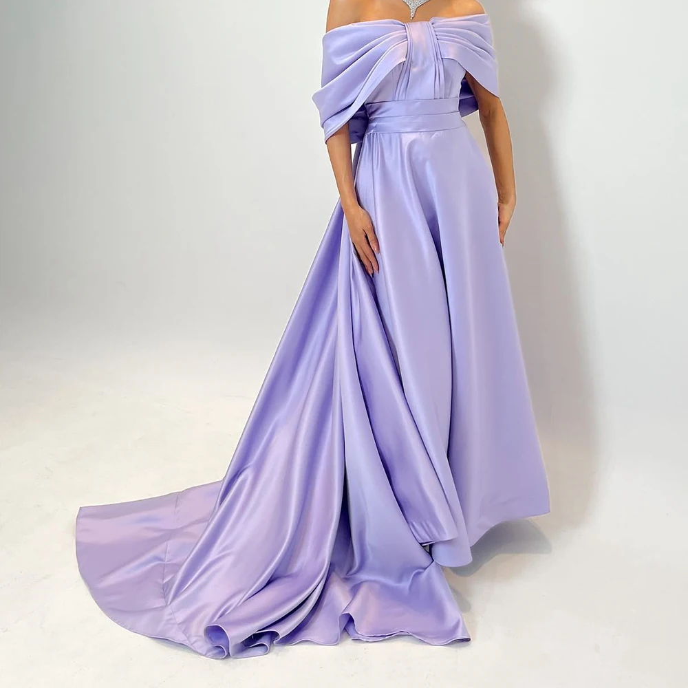 

Fashion Satin Straight Off the Shoulder Evening Dress Floor Length Boat Neck Half Sleeves Panel Train فساتين سهره نسائيه فخمة