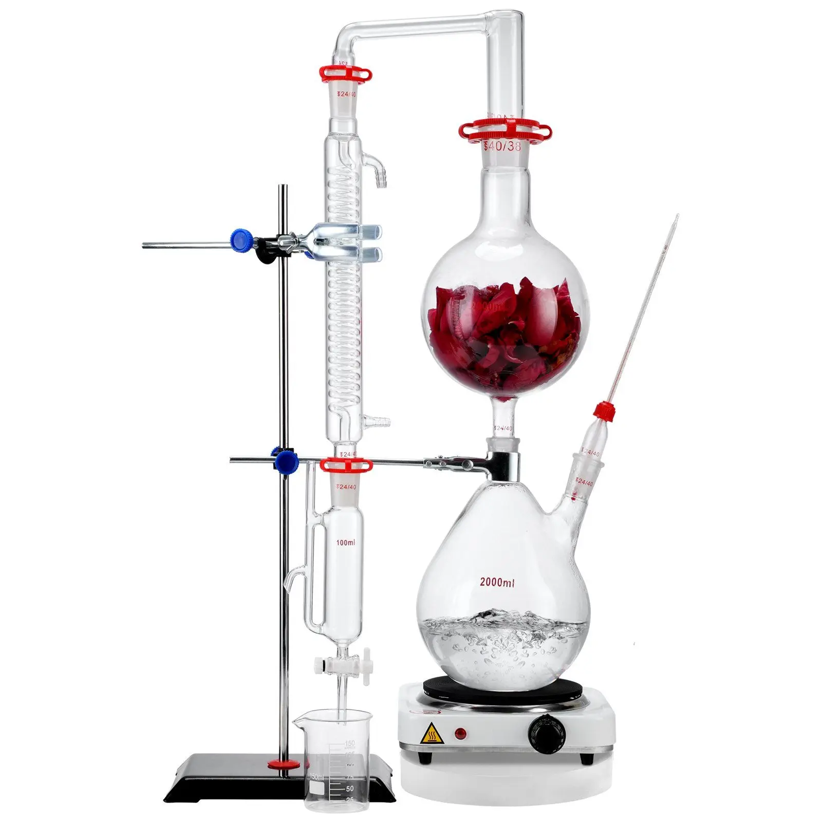 Kit de destilación de aceites esenciales de 2000 ml – Vidrio Boro 3,3, placa calefactora de 1000 W – Juego de 28 piezas (junta 24/40).