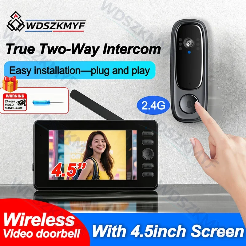 Wireless Doorbell Camera 1800mah 1080P Video Intercom Doorbell Waterproof 4.5in Screen Home Security Door Bell IR Night Vision
