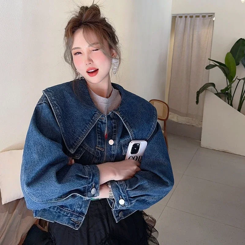 ربيع الخريف 2025 جديد وصول المرأة الكورية قصيرة كاوبوي سترة الأزرق الحلو دمية طوق التلبيب فريد المتخصصة العصرية قمة الموضة #5