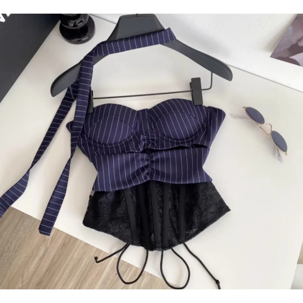 

Vintage Elegant striped Spliced Lace Chic Crop Top Women Korean Fashion Streetwear summer Clothing