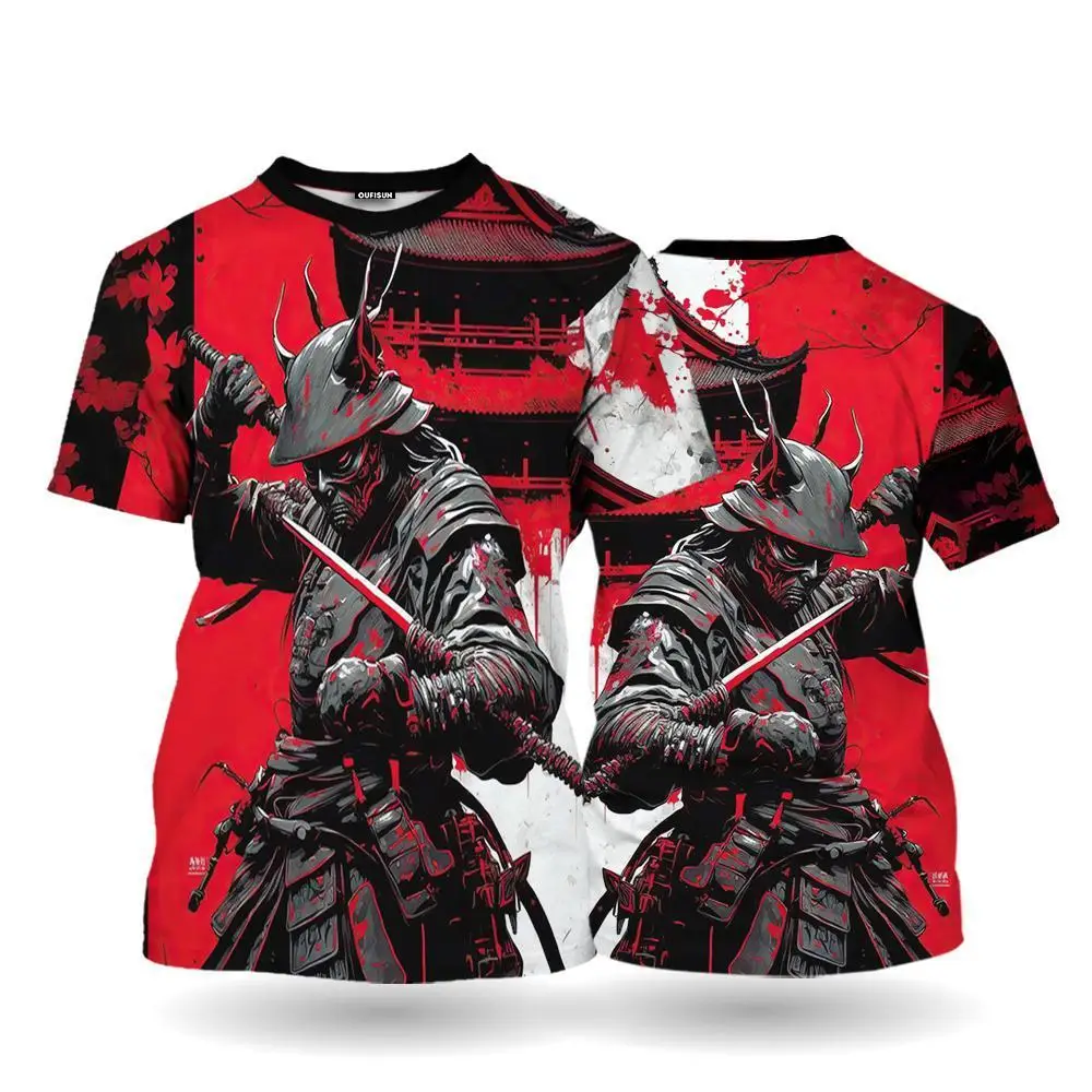 Men\'s T-Shirts Casual Short Sleeve Tops Japanese Oni Samurai Graphic Clothing Oversized Summer Apparel Male T-Shirts Streetwear