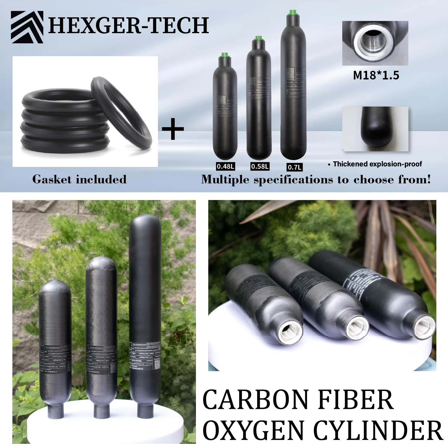 0.48L/480cc  0.58L/ 580cc  0.7L/700cc HEXGER Carbon Fiber Cylinder Steel Bottle Portable Tank M18*1.5 Thread  300Bar