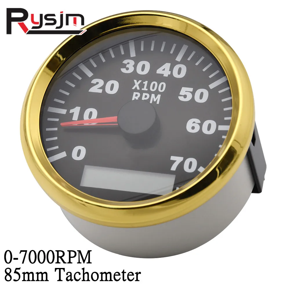 85mm Marine Tachometer Gauge 0-7000RPM Rev Counter for Car Auto Boat ATV White Gold 7K Tacho RPM Meter Red Backlight 9-32V