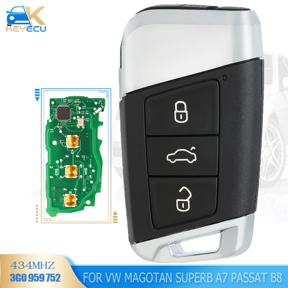 KEYECU 3G0 959 752/ 3G0959752 Smart Remote Key Fob 3 Button 434MHz 48 Chip for Volkswagen Magotan Superb A7 Passat B8