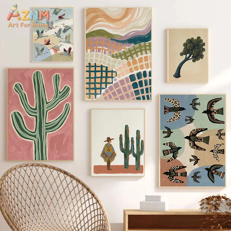 AZNM Boho Desert Cactus Canvas Wall Art Abstract Mountain Birds Folk Art Painting Western Style Living Room Home Decor Unframed