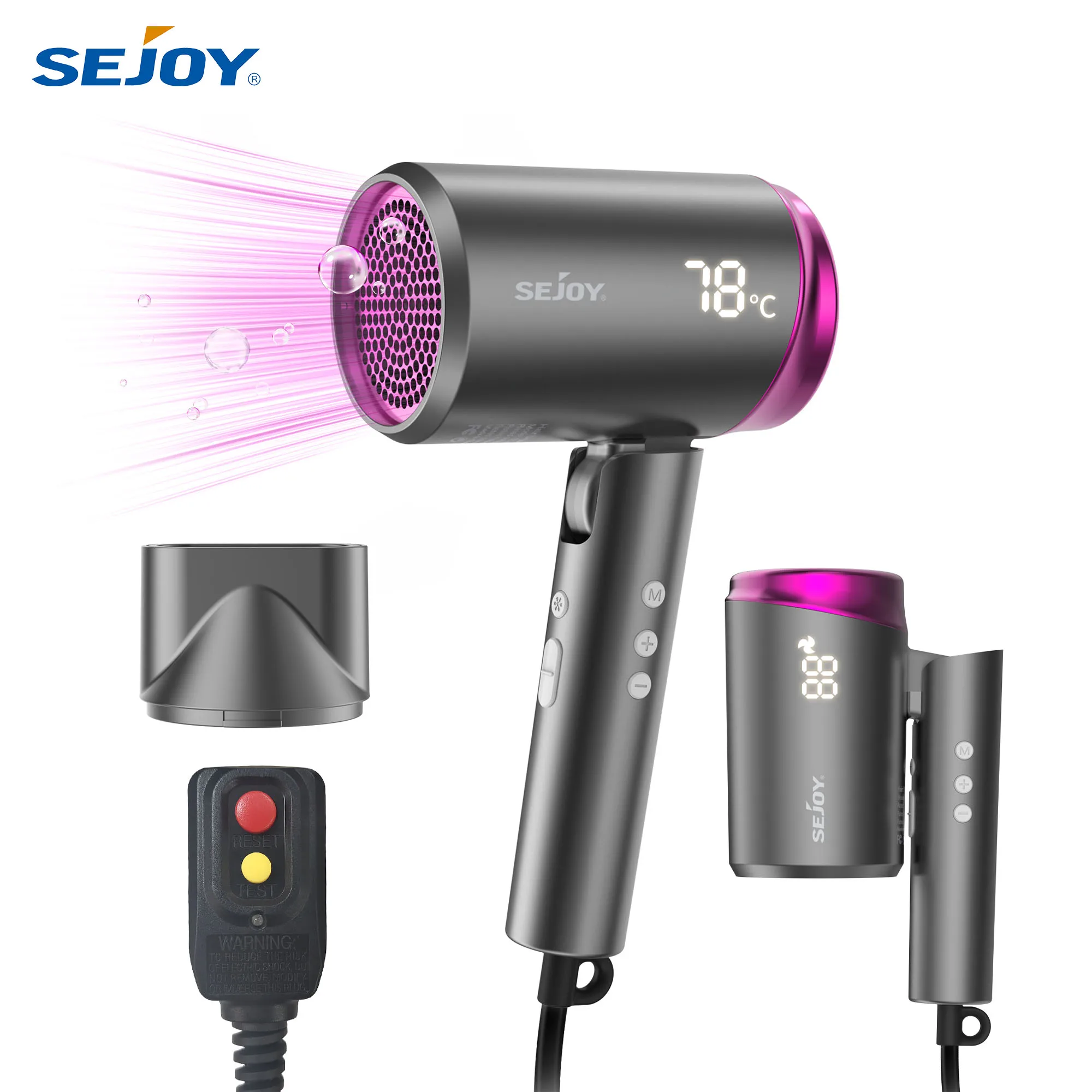 

Sejoy Высокоскоростной фен 1800 Вт Мощный быстрый фен со светодиодным дисплеем Фен с отрицательными ионами Легкий компактный дорожный фен