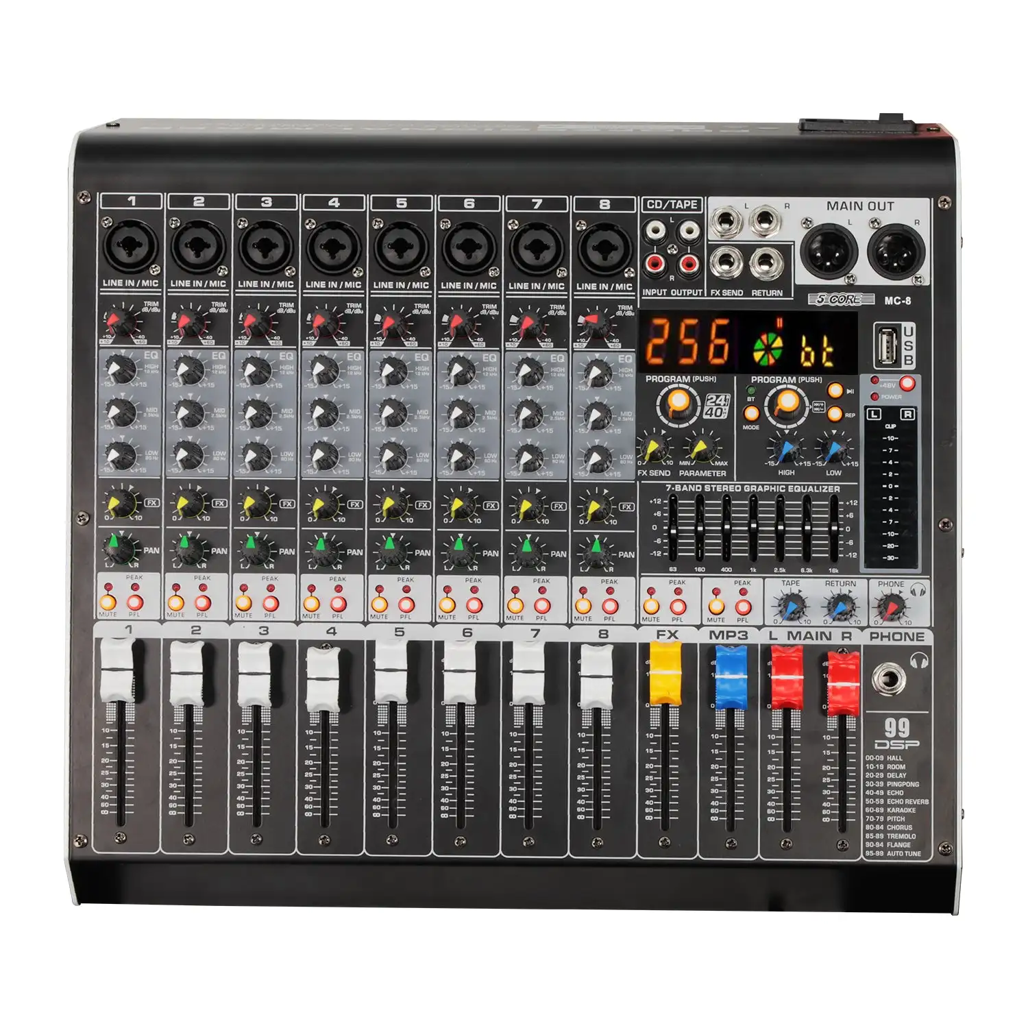 

5 Core Audio Mixer 8 Channel DJ Equipment with Bluetooth USB Console Sound Board MX 8CH L