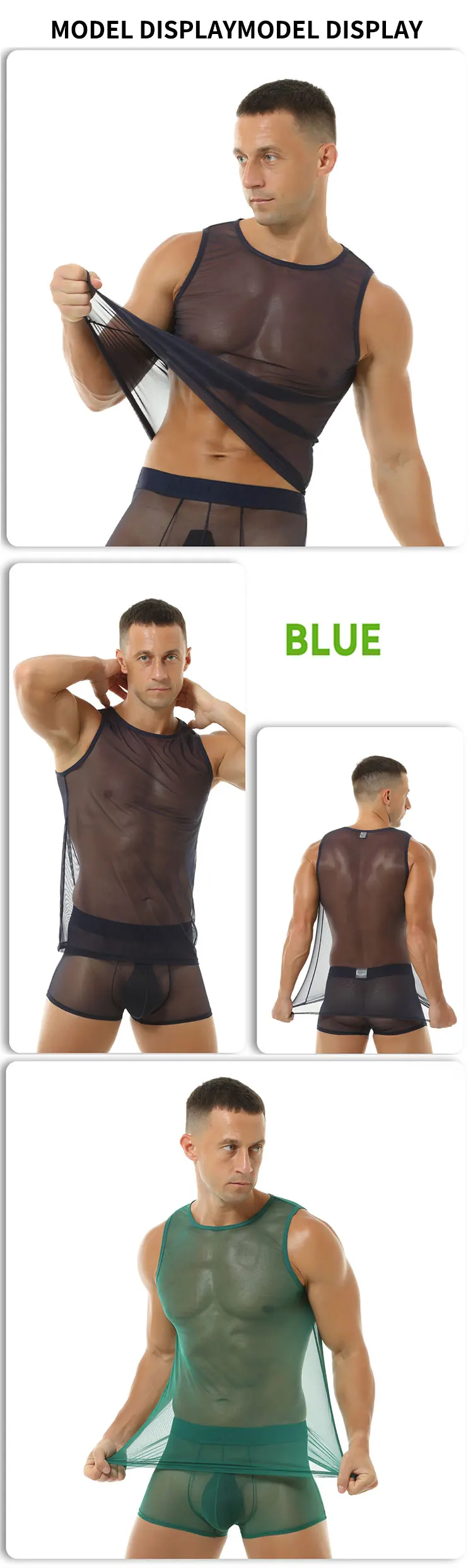 Durchsichtiges, dehnbares, ärmelloses Tanktop aus Mesh für Herren mit Rundhalsausschnitt, atmungsaktiv, weich, leicht, sexy Unterhemd – Detail 2