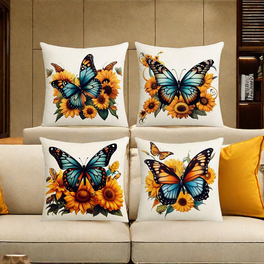 

4 Pcs Butterfly Linen Pillowcase Warm Style Pillow Case Special Pillowcase for Sofa Home Decoration Cushion Cover 45*45CM