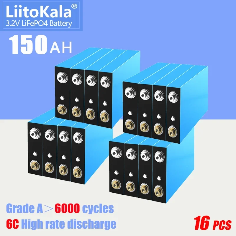 

16PCS LiitoKala 3.2V 150Ah lifepo4 battery 6C discharge for DIY 12V 24V Electric RV Golf car outdoor solar energy Rechargeable