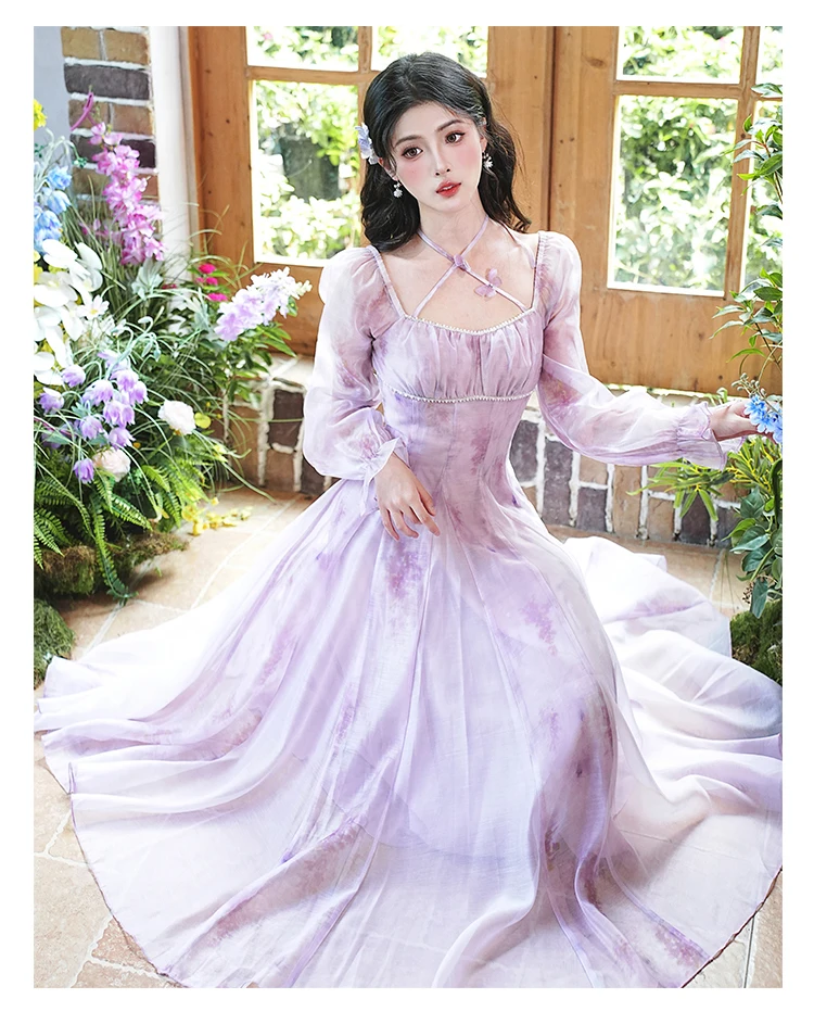 Vintage Victorian Style Chiffon Fairy Dress Retro French Lavender Print Floral Beading Romantic Lady Princess Dresses Party Date