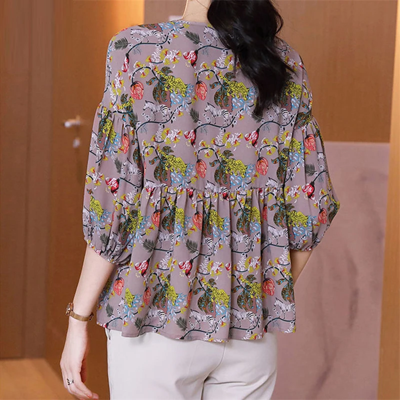 Women\'s Korean Fashion Floral Print Blouse Elegant Ruffles Lace Up Half Sleeve Shirt Casual O Neck Loose Tops Blusas Para Mujer