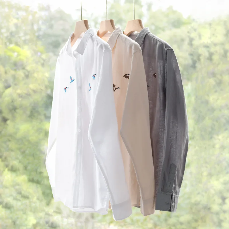 New Long Sleeve White Shirts Men Spring Summer Daily Casual Cotton Linen Shirt Breathable Tops Chinese Embroidery Shirt Youth