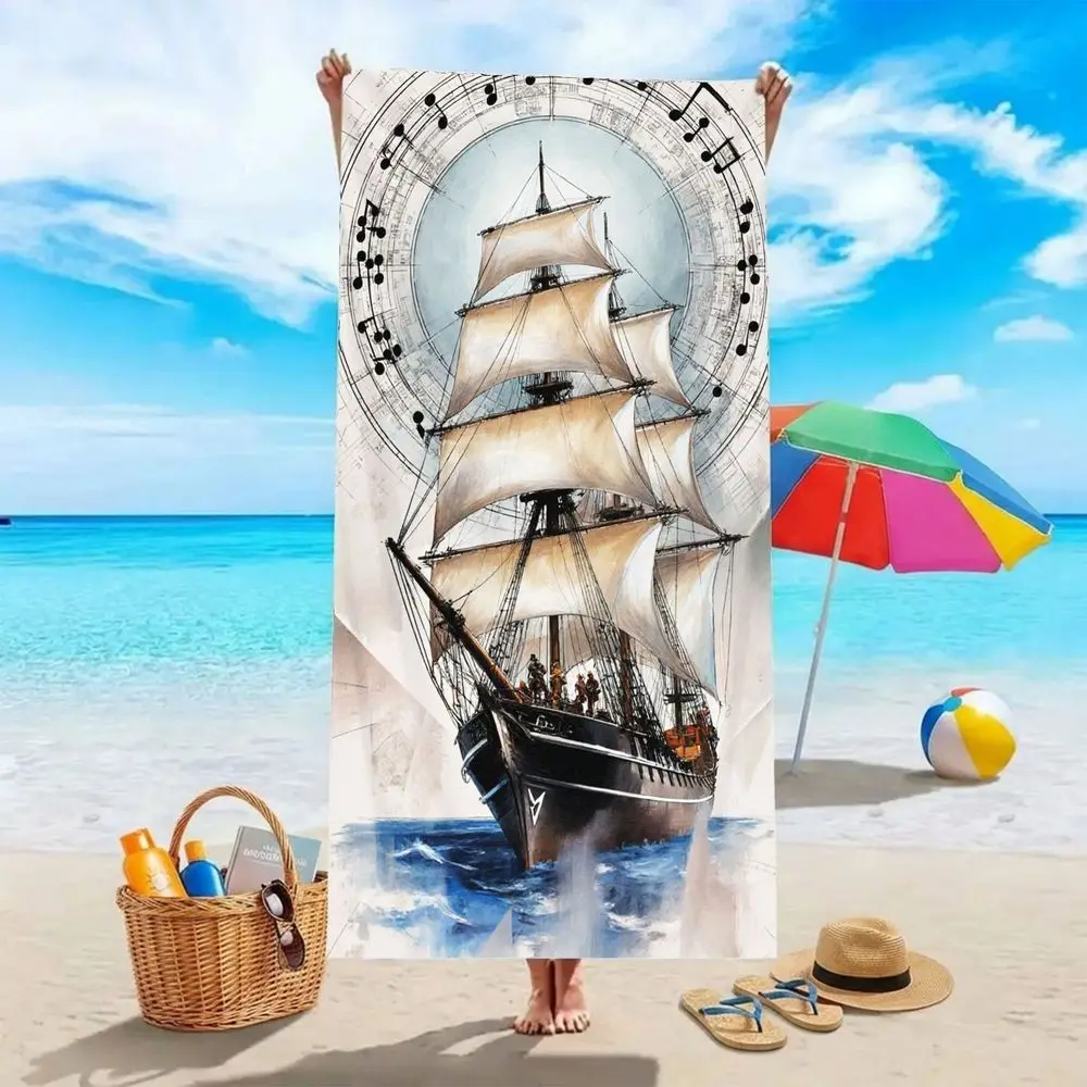Toalla de playa vintage con diseño de velero, estampado artístico sobre fondo musical, perfecta para tomar el sol, picnics y salidas a la playa, ligera