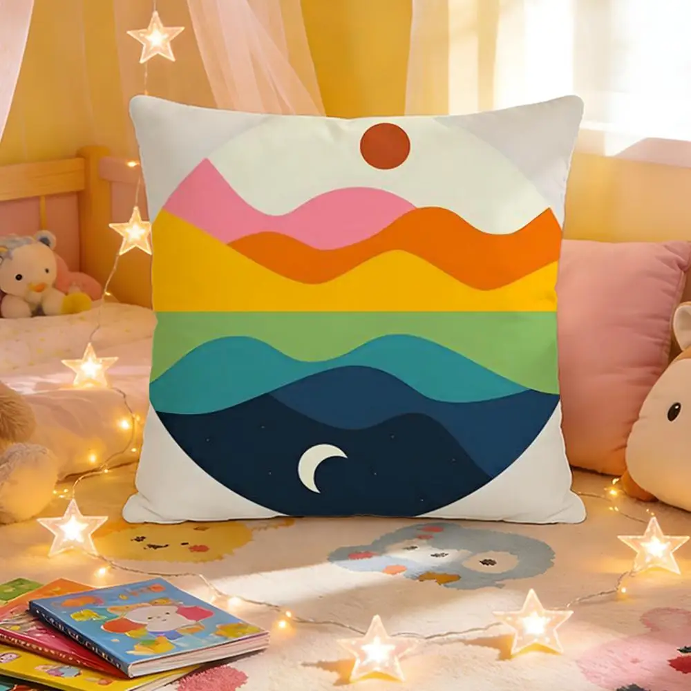 Cushion Cover Short Plush Throw Pillow Soft Washable Sofa Bed Office Cushion Classic Sunrise Cartoon
