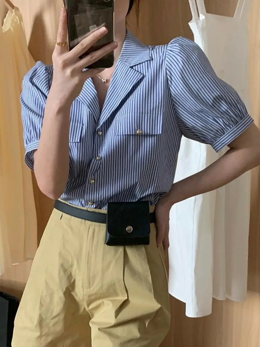 

Летняя женская рубашка Dongda Gate 2024: повседневная, в полоску, с золотыми пуговицами, с воротником, свободного кроя, из хлопка, модная, для бизнеса