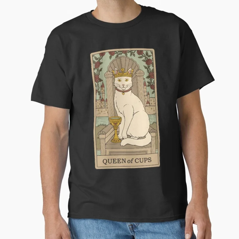 

Queen of Cups Vinage Tarot Card Cat Funny magical cats cute pet Gift T shirt for men large size Adult Tops S-6XL mens clothing