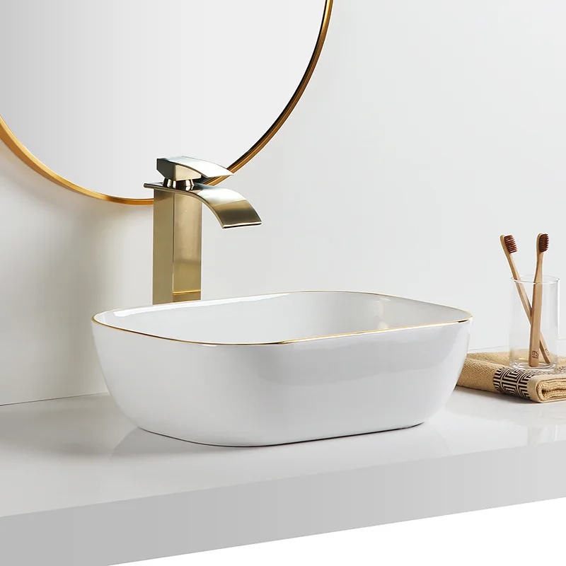 Sanitary ware luxury golden rim lavabo countertop vessel sink ceramic gold bathroom sink bowl art hand wash basin